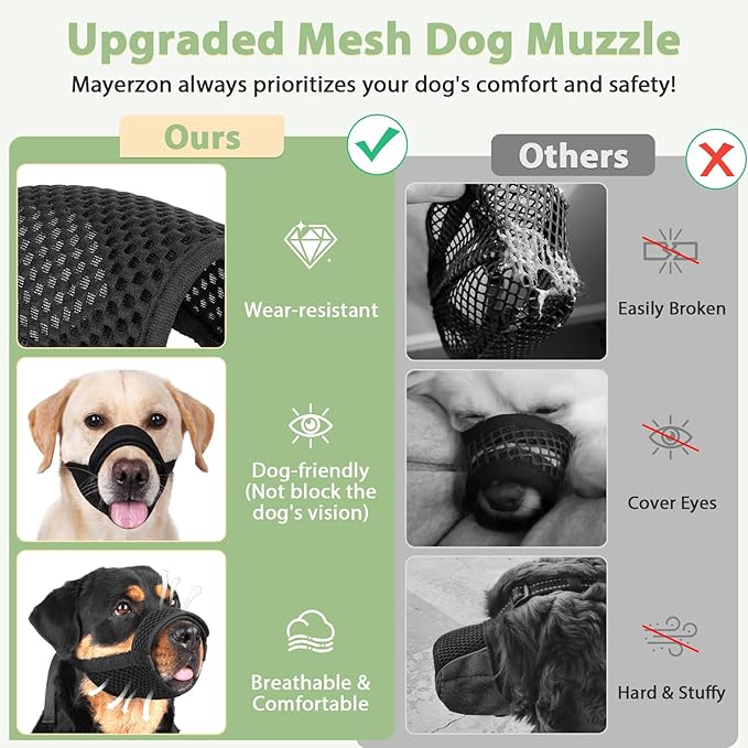 Mayerzon Dog Muzzle with Hook and Loop for Large Medium Small Dogs, Patented Soft Mesh Beagle Labrador Puppy Muzzles for Biting Chewing Grooming, Breathable, Adjustable, Allows Panting (Black, S)