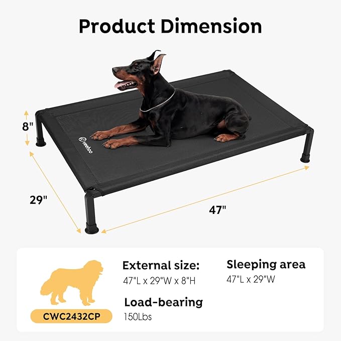 Veehoo Heavy Duty Elevated Dog Bed - Raised Bed with Washable Teslin Mesh, Non-Slip Feet, Cooling Cot, Indoor/Outdoor Use, 47" x 29", Black