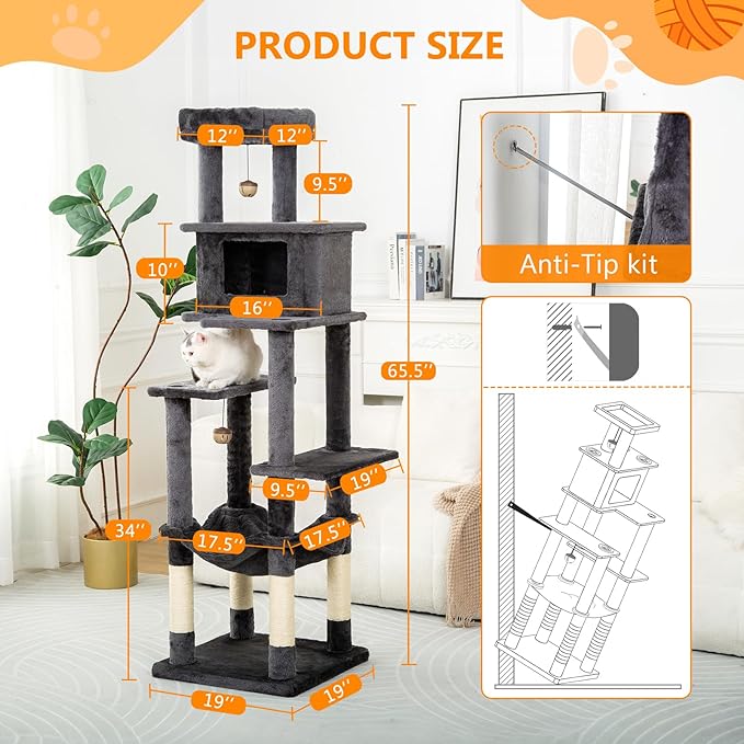 KITTY KINGDOM 65in Large Cat Tree Condo Furniture for Indoor Kitties, Multi-Level Cat Tower with 4 Scratching Posts, Cat Cave, Hammock, Perch & Reinforced Base, Plush Gray