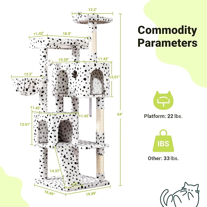 Allewie 64 Inches Cat Tree Tower/Multi-Level Activity Center for Indoor Big Felines/2 Plush Condos/2 Perchs/Basket/House/Sisal Scratching Posts/Hanging Cat Toys/White & Black Spot