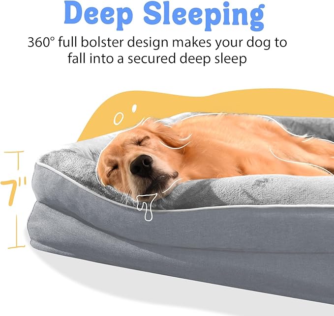 Washable Orthopedic Large Dog Bed - Removable Waterproof Cover with Bolster Extra Large Dog Bed Foam Support XL Large Big Pet Dogs Beds