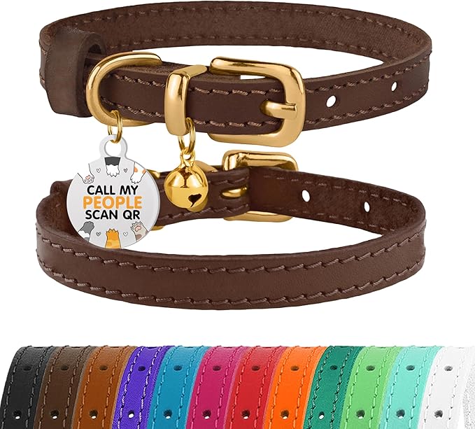 BRONZEDOG Leather Cat Collar with Removable Bells Non Breakaway Kitten QR Tag for Girl Boy (7" - 9" for Cats, Dark Brown & Gold)