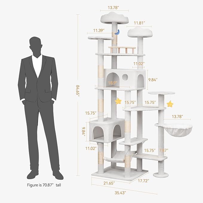 85in Tall Cat Tower for Heavy Duty Big Cats, Large Cat Tree with Scratching Post, Plush Perches, Cozy Cat Condos & Hanging Hammocks for Maine Coon, White