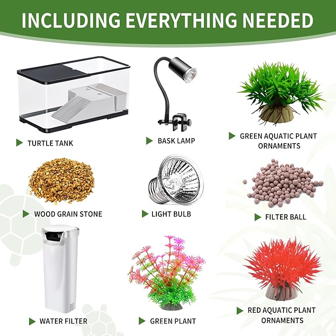(Tank + Light + Filter + Filter Balls) Turtle Tank Kit, Turtle Tank Starter Kit,Bottom Drainage, Multi-Function Areas for Turtles, Crabs,Fishes, Amphibians,Reptiles.(15.75 x 8.64 x 8.64 Inch)
