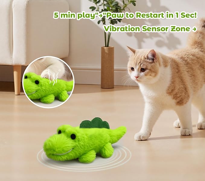 Interactive Cat Toys for Indoor Cats - Automatic Moving Cat Chase Toy for Bored Indoor Adult Cats - 360° Random Movement, Tail Wagging & Catnip Stimulation - Electric Croc(Long Plush)