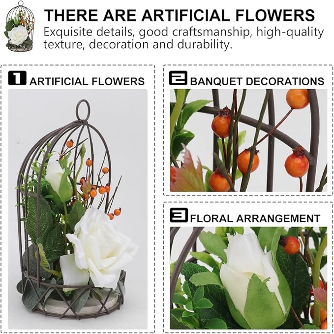 BESTOYARD Hanging Bird Cage Decor with White Simulation Rose Flowers for Home Wedding Table and Garden Ornament