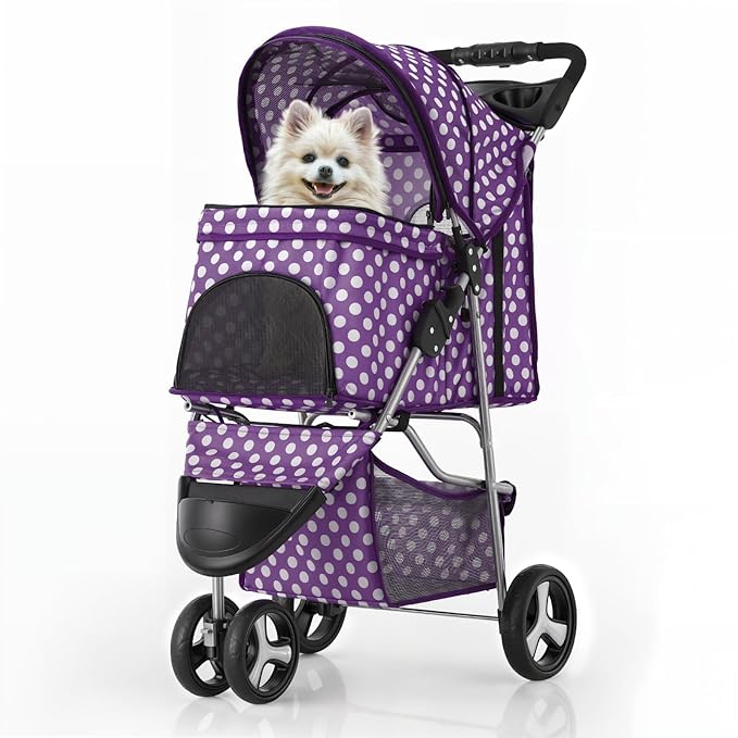 MoNiBloom 3 Wheels Pet Dog Cat Stroller for Small Medium Dogs Cats, Foldable Jogger Stroller w/Storage Basket and Cup Holder, Purple Polka Dots