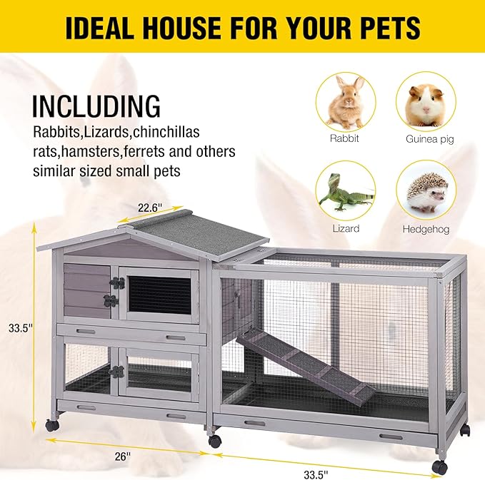 Aivituvin Rabbit Hutch Outdoor Rabbit Cage Indoor with Casters Bunny Cage Chikcen Coop for Small Animals with Pull-Out Tray(Grey)