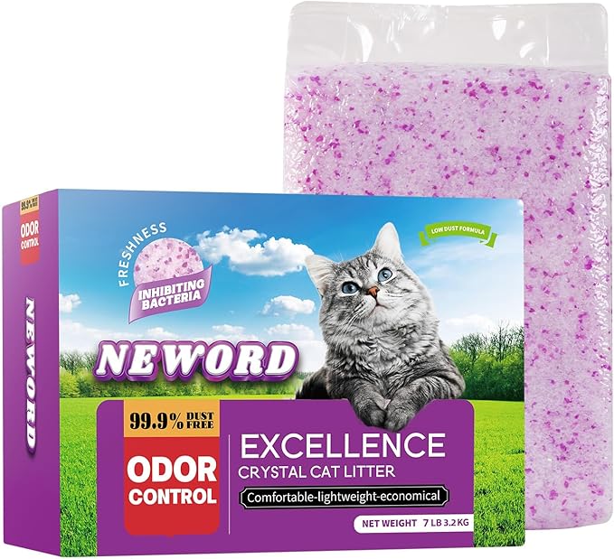 NEWORD Crystals Cat Litter Lightly Scented Litter Superior Odor Control 7 lbs Total Soft-On-Paws Low Tracking Dust-Free Purple Silica Gel, Lavender