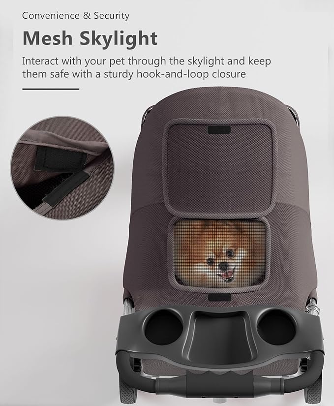 Pet Stroller with 3 Wheels for Small/Medium Pets, Portable Travel Foldable Carrier Jogger for Dog Cat Puppy Kitty, Rear Wheel Breaks, Storage Basket, Visible Mesh with Weather Cover (Coffee)