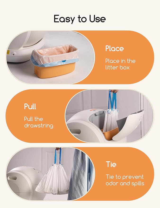 MeoWant Cat Litter Box Liner -120PCS Heavy Duty Drawstring Trash Bags for MeoWant MW-SC01/MW-SC02 Automatic Self-Cleaning Boxes, Extra Thick Leakproof, 6 Rolls (20 Bags/Roll)