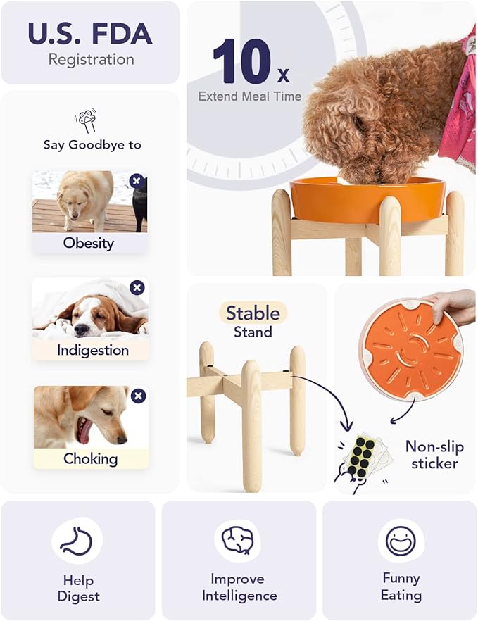 LE TAUCI Ceramic Slow Feeder Puzzle Bowl Elevated 1.5 Cup with Wooden Stand for Small & Medium Dog, Fast Eater Food Bowl Sun Orange