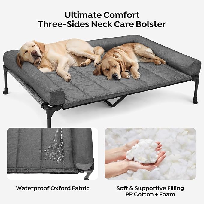 Veehoo Cooling Elevated Dog Bed Add Removable Waterproof Bolster Cushion Mat, Raised Pet Cot with Breathable Teslin Mesh, No-Slip Feet, Dog Sofa Bed for Indoor Outdoor, XXLarge, Black Silver