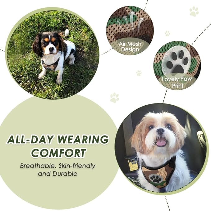SlowTon Dog Seat Belt Harness for Car, Dog Car Harness Adjustable Mesh Breathable & Dog Seatbelt Safety Tether with Elastic Bungee for Small Medium Large Pets(Camouflage, Double Clip, M)