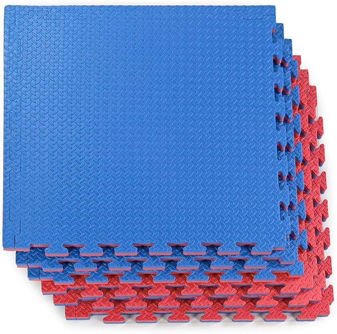 Xspec 1" Extra Thick 48 sq ft Reversible EVA Gym Foam Floor Mat Tiles (24" x 24"), Steel Pattern, 12 pcs, Blue & Red