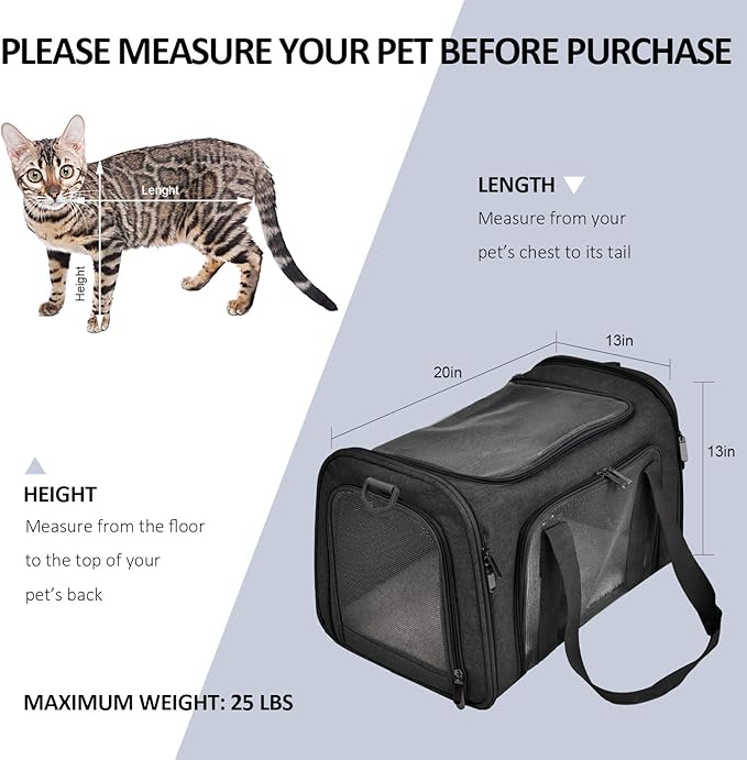 Large Soft Sided Cat and Pet Carrier for Cats and Puppies up to 25Lbs - Collapsible, Waterproof Travel Carrier - Black