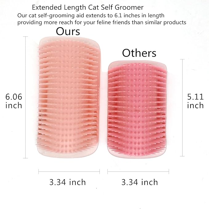 Cat Self Groomer, Extended (6.1"), 2 Pack, Pink, Wall Corner Self Grooming Brush for Indoor Cats, Kitten, Long Short Fur, Massage Comb