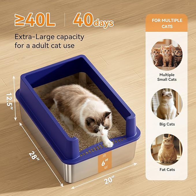 28" Extra Large Stainless Steel Cat Litter Boxes with Lid Metal Cat Litterbox Pan for Big Cats and Multiple Cats, Anti-Leakage, Easy Cleaning, Include Scoop