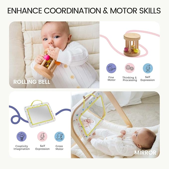 Tiny Land Montessori Baby Toy Set 0-3 Months Newborn Development Sensory Play Kit - 5-in-1 Mirror, Black & White Card Set, Rolling Bell, Play Mat, and Bed Wrap