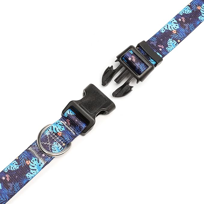 Mercano Adjustable Dog Collar - Special Design Patterns, Soft Nylon Comfortable Durable Pet Collar for Small Medium Large Dogs (M, Monstera)