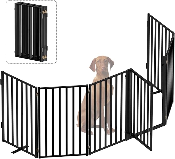 Portable Dog Fence with Door for Indoor Outdoor Use, Free Standing Dog Gate Foldable Design, Metal Black 32" Tall, Expandable 6 Panels Use for Yard, Stairs, Front