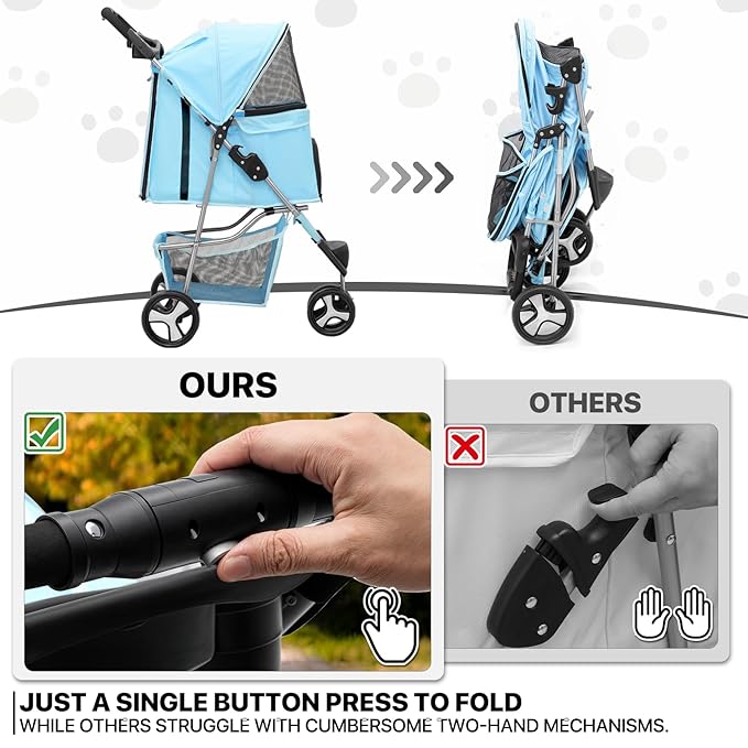 MoNiBloom 3 Wheels Pet Dog Cat Stroller for Small Medium Dogs Cats, Lightweight Foldable Jogger Stroller w/Storage Basket and Cup Holder, Mint Green