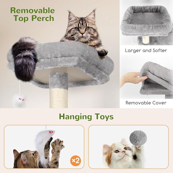 Globlazer Tall Cat Tower, 76 inch Multiple Level Cat Climbers for Indoor Cats, XL Cat Tree with 5 Scratching Posts, 2 Cat Condos, Hammock, 2 Hanging Baskets, F76B, Light Grey