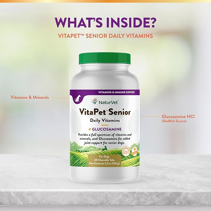 NaturVet –VitaPet Senior Daily Vitamins for Senior Dogs – Plus Glucosamine – Full Spectrum of Vitamins & Minerals – Enhanced with Glucosamine for Added Joint Support – 60 Time Release Tablets