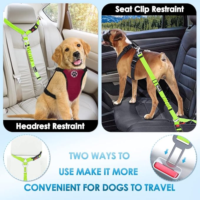SlowTon Dog Seat Belt for Car, 2 Pack Dog Car Harness Seatbelt Adjustable with Elastic Bungee Buffer, 2 in 1 Pet Car Leash Headrest Restraint Dog Reflective Safety Tether (Lime, Headrest+Clip)