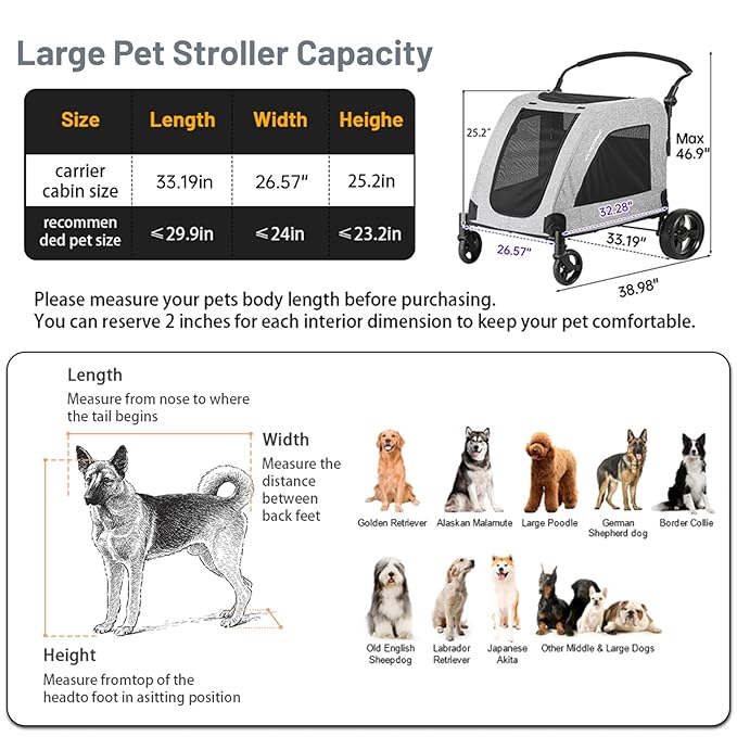 EchoSmile XL Extra Large Dog Stroller - Adjustable Handles,Lightweight Folding Pet Stroller,All-Terrain 4 Wheel for 2 Medium Dogs,Dual Entry Safety Dog Stroller,Capacity 160 lbs,Gray