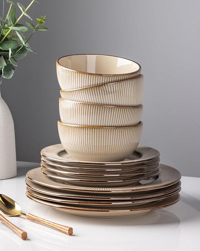GBHOME Ceramic Dinnerware Sets,12 pcs Embossed Elegant Stoneware Plates and Bowls Sets, Housewarming Wedding Gift | Dishwasher & Microwave Safe | Dishes Set Service for 4