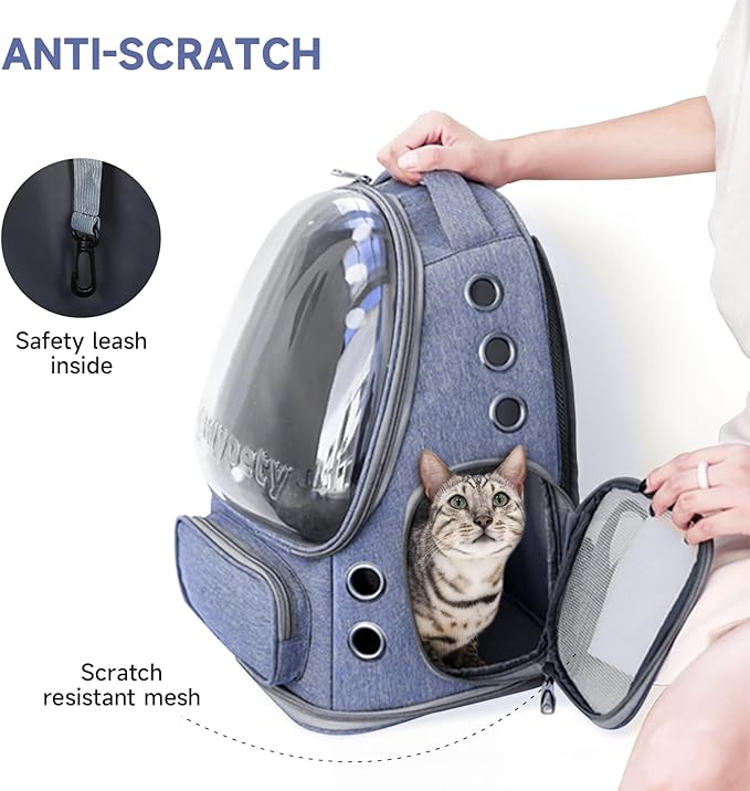 Cat Backpack Carrier, Breathable Cat Carrier Large Space Bubble Pet Backpack for Kitty Small Dog up to 12lbs, Transparent & Foldable Pet Carrier for Travel Hiking (Blue