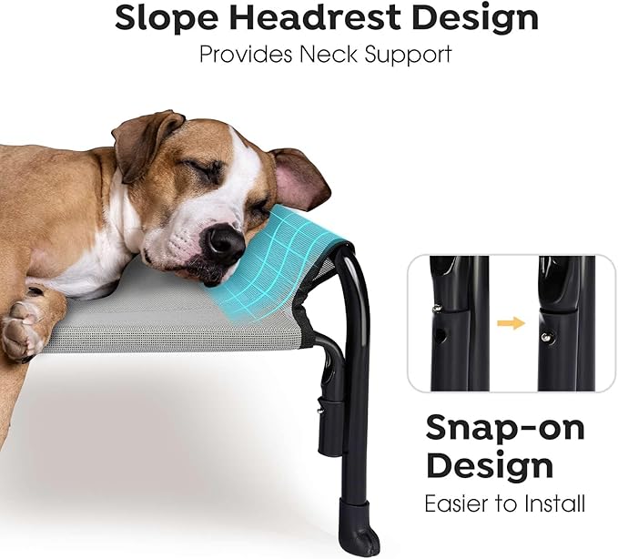 Veehoo Outdoor Elevated Dog Bed, Raised Dog Cot for Small Medium Dogs, Cooling Washable Waterproof Pet Hammock Beds with Slope Headrest, Breathable Mesh and Sturdy Frame, M, Grey, CWC2204