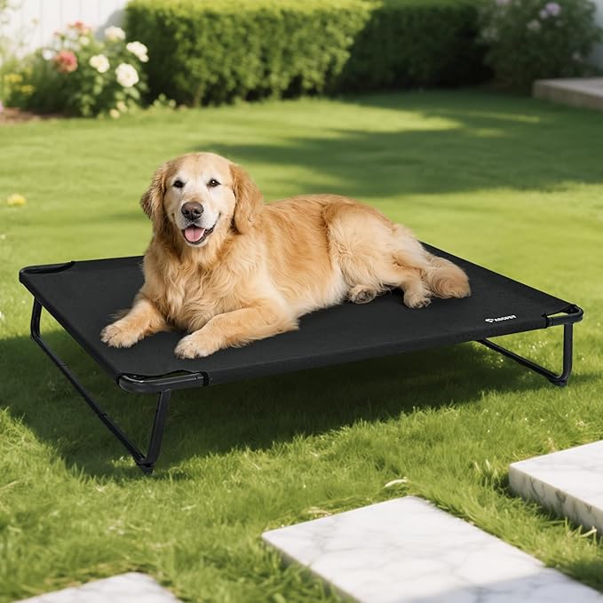 Cooling Elevated Dog Bed, Raised Outdoor Dog Bed Waterproof Pet Beds Cots Stable and Easy Assembly, Teslin Fabric with 1.2mm Thick Iron Frame, Breathable, Ultra-Sturdy，Black, 42 * 28 * 7.9