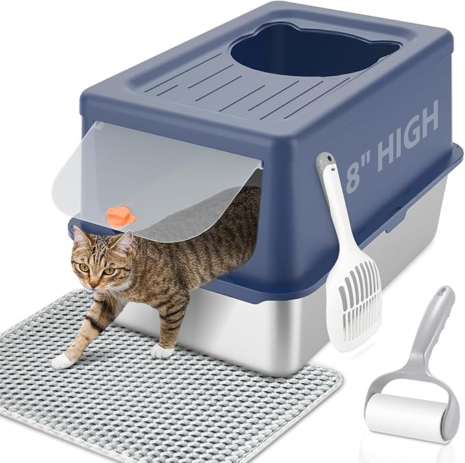 Litter Box with Lid, Stainless Steel Litter Box XL, 14" H Metal Cat Box with High Sides Wall Enclosure, Cat Pan, Non-Sticky, Easy Clean, Anti-Leakage, Blue