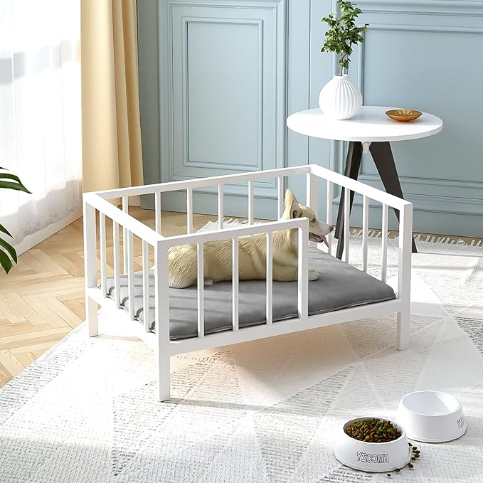 Dog Bed with Rails - Elevated Pet Metal Bed Frame with Solid Wood Board and Washable Soft Mat for Small Dog Indoor or Outdoor Use, 21.3" x 30 ", White