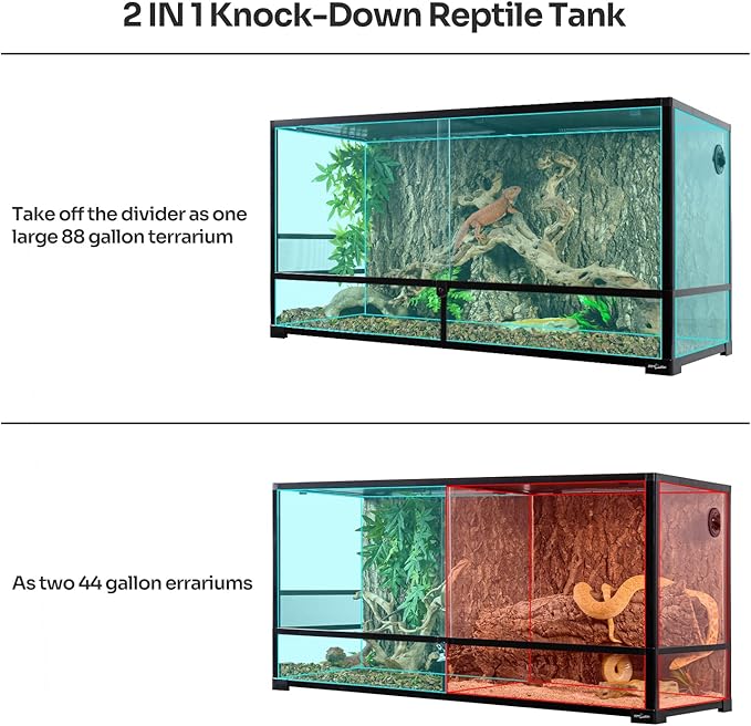 REPTIZOO 88 Gallon Large Reptile Terrarium 48" x 18" x 24" Knock-Down Glass Reptile Tank with Double Hinge Door & Screen Ventilation, Supporting Used as 2 Separate Habitats Easy Assembly