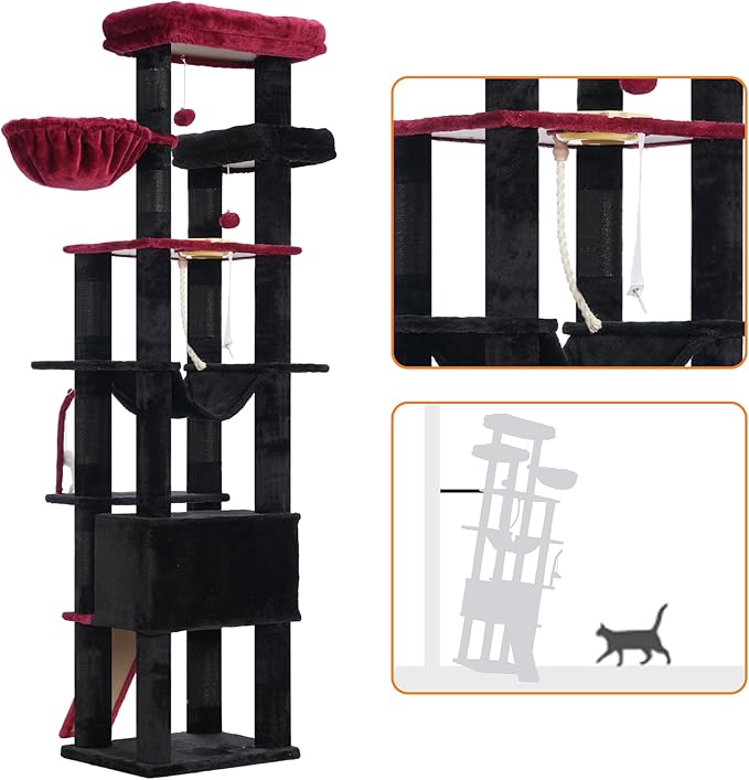 Heybly Tall Cat Tree, 78-inch Multi-Level Cat Tower for Indoor Cats, 2 Widened Plush Perches Cat Condo with Scratching Board and Big Caves, Black and Red HCT033BR