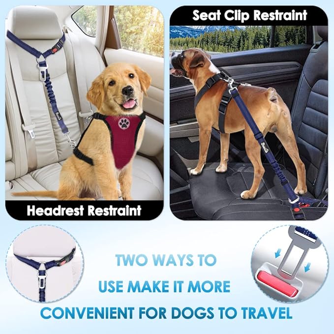 SlowTon Dog Seat Belt for Car, 2 Pack Dog Car Harness Seatbelt Adjustable with Elastic Bungee Buffer, 2 in 1 Pet Car Leash Headrest Restraint Dog Reflective Safety Tether (Blue, Headrest+Clip)