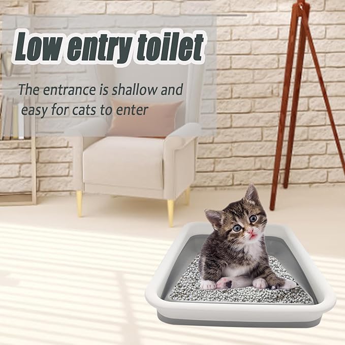 2 Pack Collapsible Small Cat Litter Box, Open Kitten Litter Potty Pan Low Entry Pet Kitty Toilet Foldable Waterproof Travel Toilet for Sick Frail Kitty 14.6 x 10.6 x 4.8 inches Grey