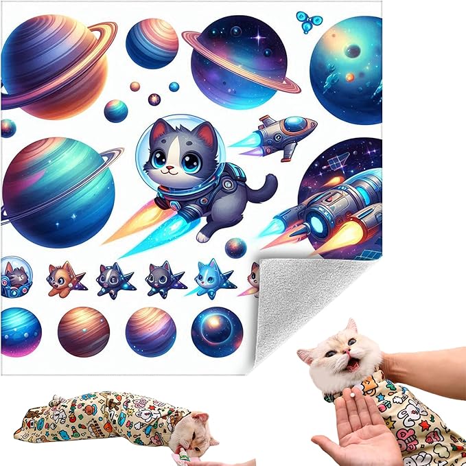 Cat Grooming Wrap, Self-Adherent Soft Cat Blanket to Wrap, Nail Clipping, Anti-Bite, Anti-Scratch, Anti-Escape Calming Wrap (Space, 6-10 lbs)