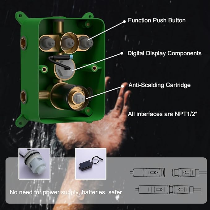 Shower Faucet Set Matte Black Temperature Display Shower System, Push Button Shower Faucet with Dual Rain Shower Head(12 inch+8 inch), and Handheld Shower