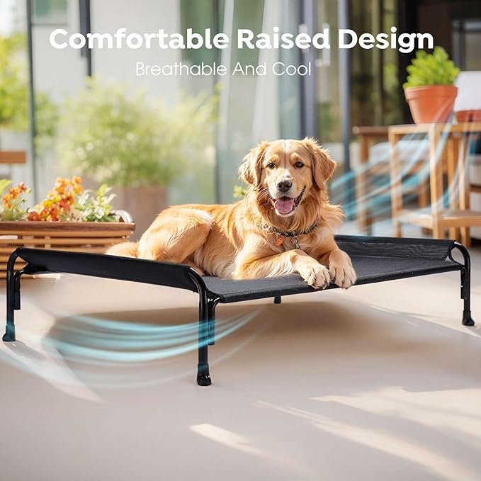 Veehoo Outdoor Elevated Dog Bed, Raised Dog Cot for Large Dogs, Cooling Washable Waterproof Pet Hammock Beds with Slope Headrest, Breathable Mesh and Sturdy Frame, Large, Black, CWC2204
