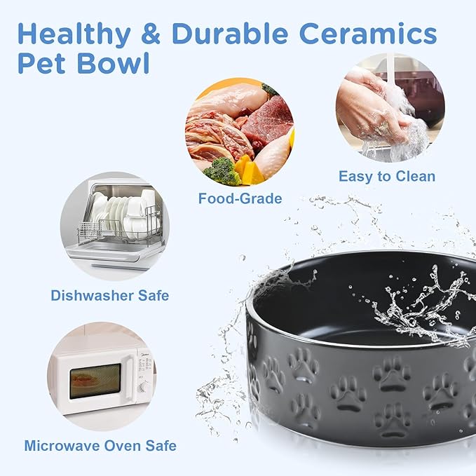 SPUNKYJUNKY Ceramic Dog Bowls 2 Pack, 7.3'' Dog Food Water Double Feeding Bowls Non-Slip for Medium to Large Sized Breed Microwave Dishwasher Safe - 42 OZ, 2pcs, Paw Black