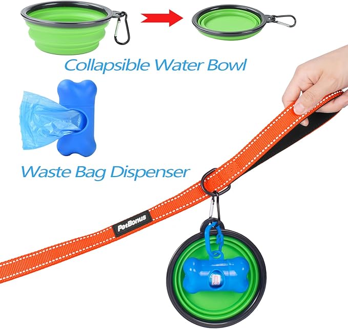 PetBonus Double Dog Leash, No Tangle Dual Leash, Reflective Walking Training Lead, 4 Comfortable Padded Handles for 2 Dogs with Collapsible Bowl and Waste Bags (Orange, Large)