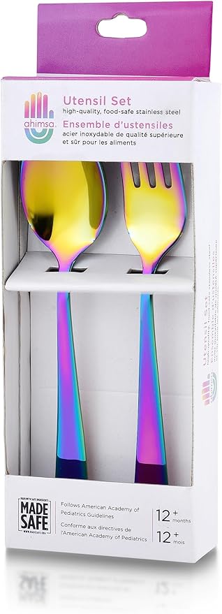 Ahimsa Stainless Steel Kids Utensils - Kids Fork and Spoon Set, Pediatrician Designed Rainbow Silverware Set, 100% BPA Free & Dishwasher Safe (Rainbow)