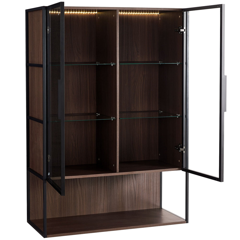 Modern Minimalist Tall Lighted Display Cabinet With Tempered Glass Door - Black / Dark Walnut