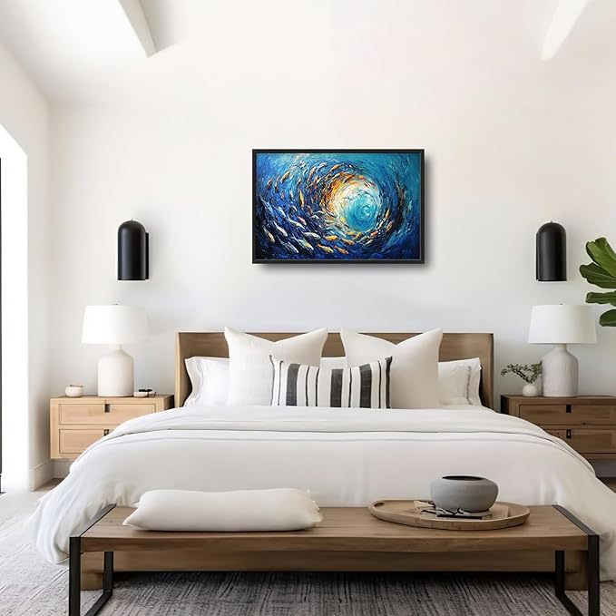 Extra Large Framed Abstract Ocean Fish Wall Art,Oversized Blue Sea Nautical Fish Wall Decor Pictures for Living Room,Canvas Print Painting Modern Artwork Bedroom Office Bathroom Home Decor 36L x24W