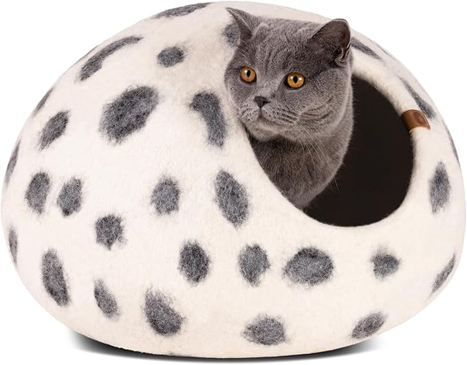 MEOWFIA Cat Cave – Premium Felt Cat Bed for Indoor Cats, Handmade 100% Merino Wool (Medium, Snow Leopard)