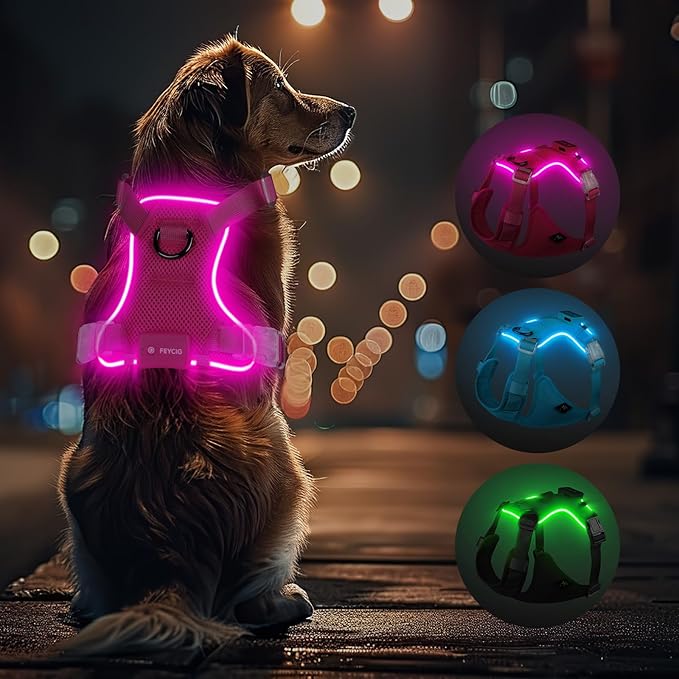 Light Up Dog Harness,Reflective Pet Harness Rechargeable,Led Dog Vest Harness for Night Walking,Adjustable Dog Safety Vest for Small Medium Large Dogs-No Pull,Pink,XL